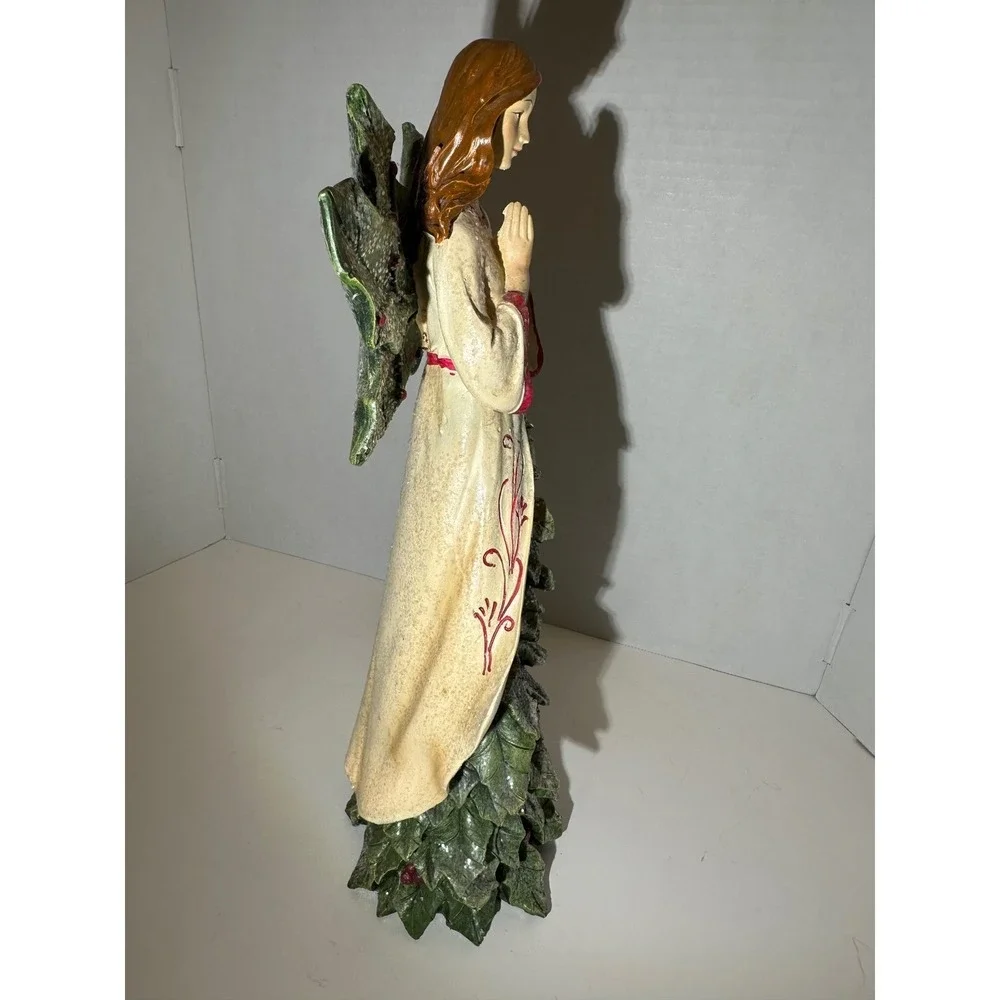 Christmas Angel Figurine Holly Wings Evergreen Tree Base Resin Holiday‎ Decor